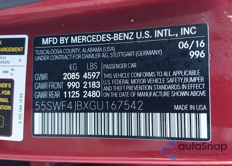 2016 Mercedes-Benz C 300 from USA, damaged, VIN 55SWF4JBXGU167542